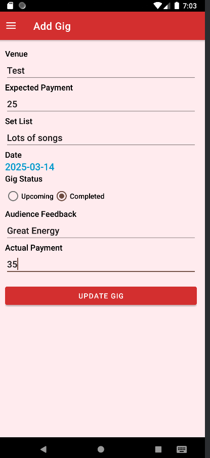 screen shot of gig tracker app